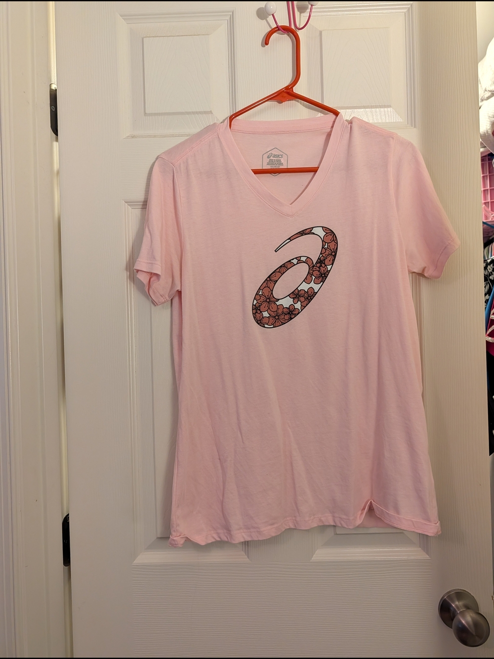 Asics Women's Pink V-Neck Tee with Floral Logo